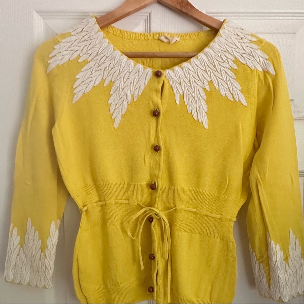 Vintage Anthropologie Moth brand yellow embroidered sweater wood buttons